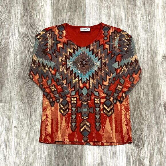 Vtg 90s Cactus Bay Southwestern Aztec Print Rust Western Long Sleeve Shirt Sz S - Picture 1 of 5